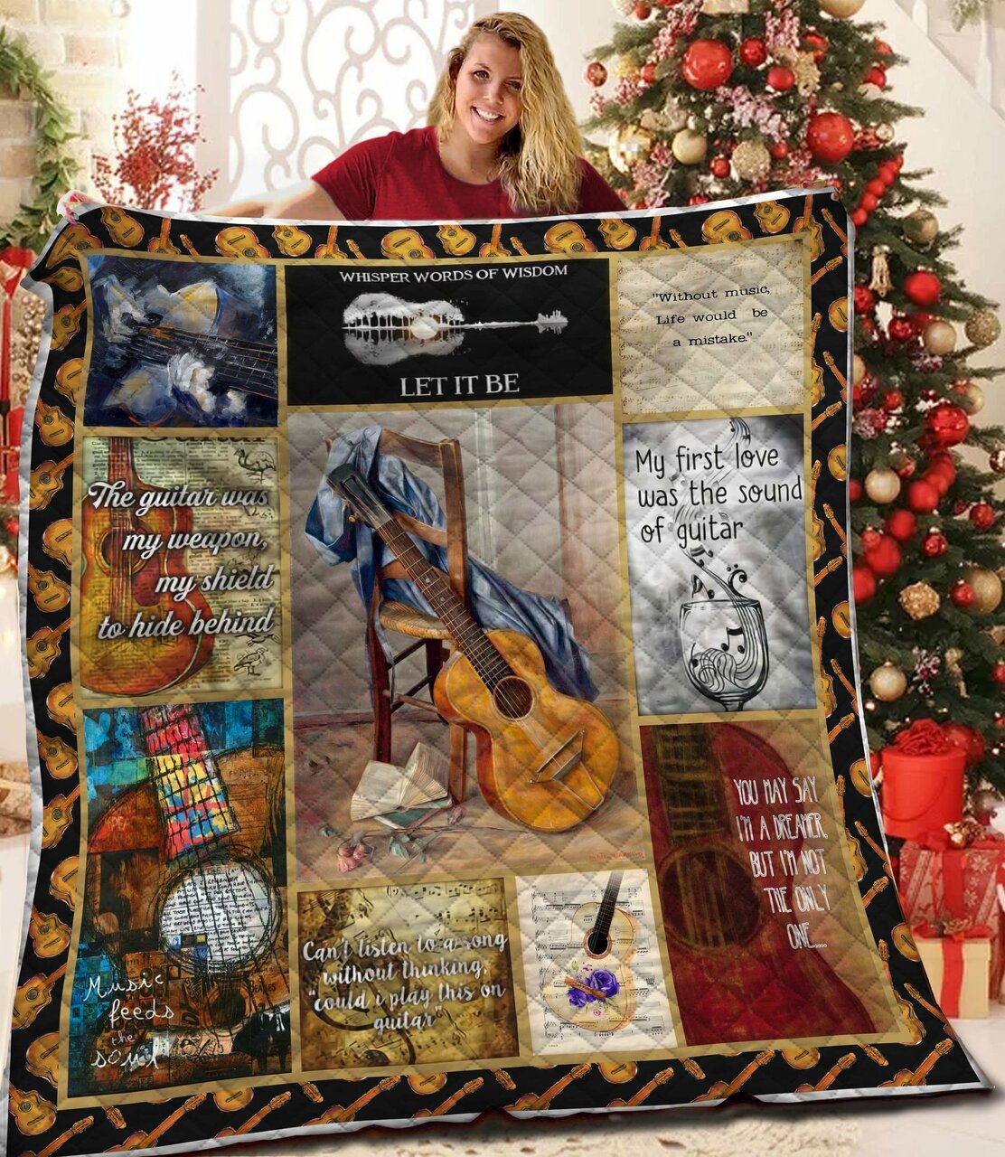 Personalized Guitar Theme Quilt Set with Custom Name for Picnic and Outdoor Activities