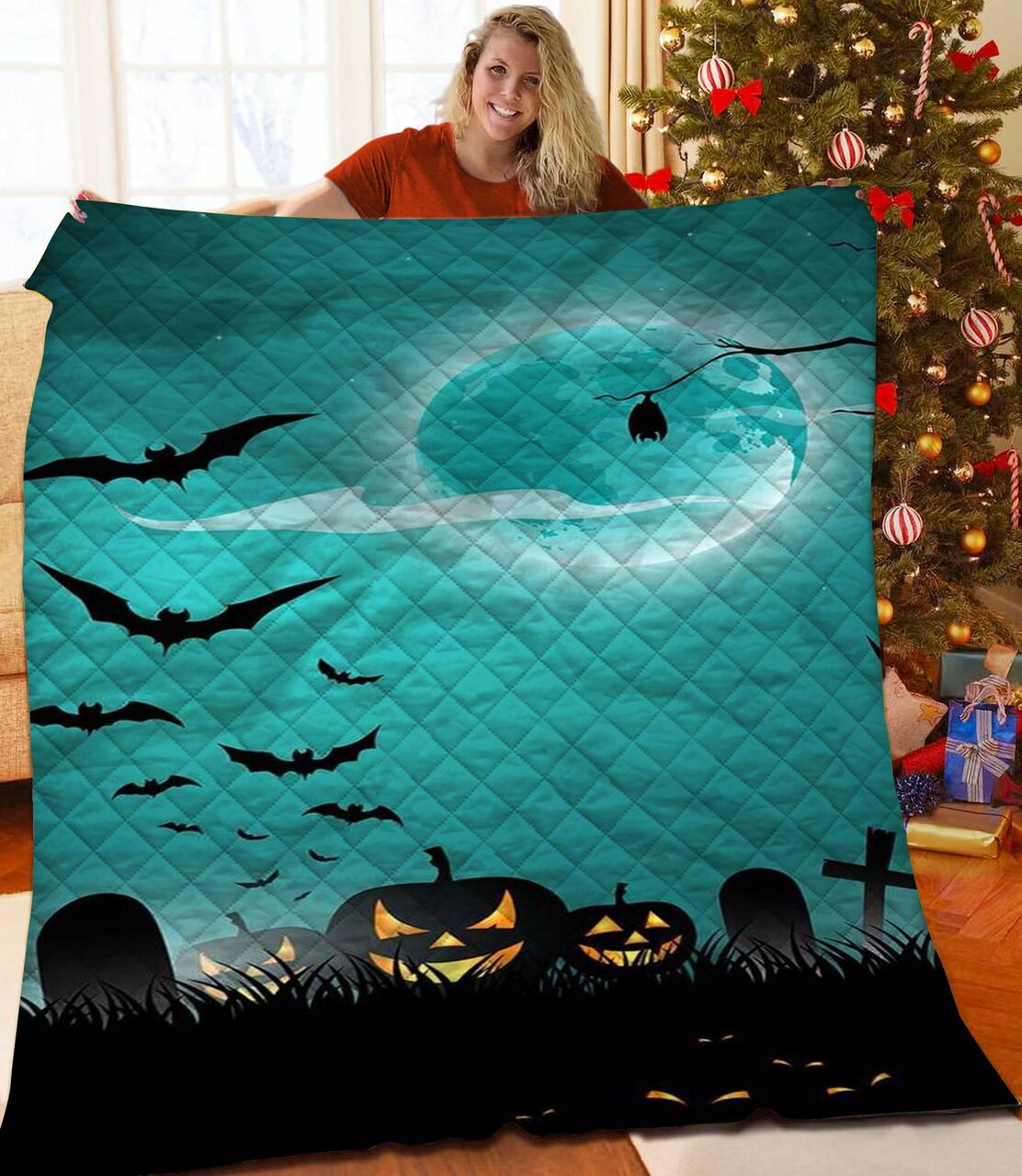Personalized Halloween Quilted Blanket and Pillow Shams - Great for Bedroom Decor and Family Gifts