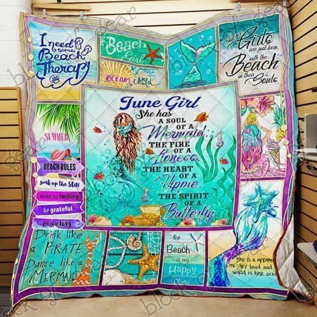 Personalized June Girl A Soul Of A Mermaid Quilt Bedding Set Blanket, Great for Bedroom Decor and Family Gifts