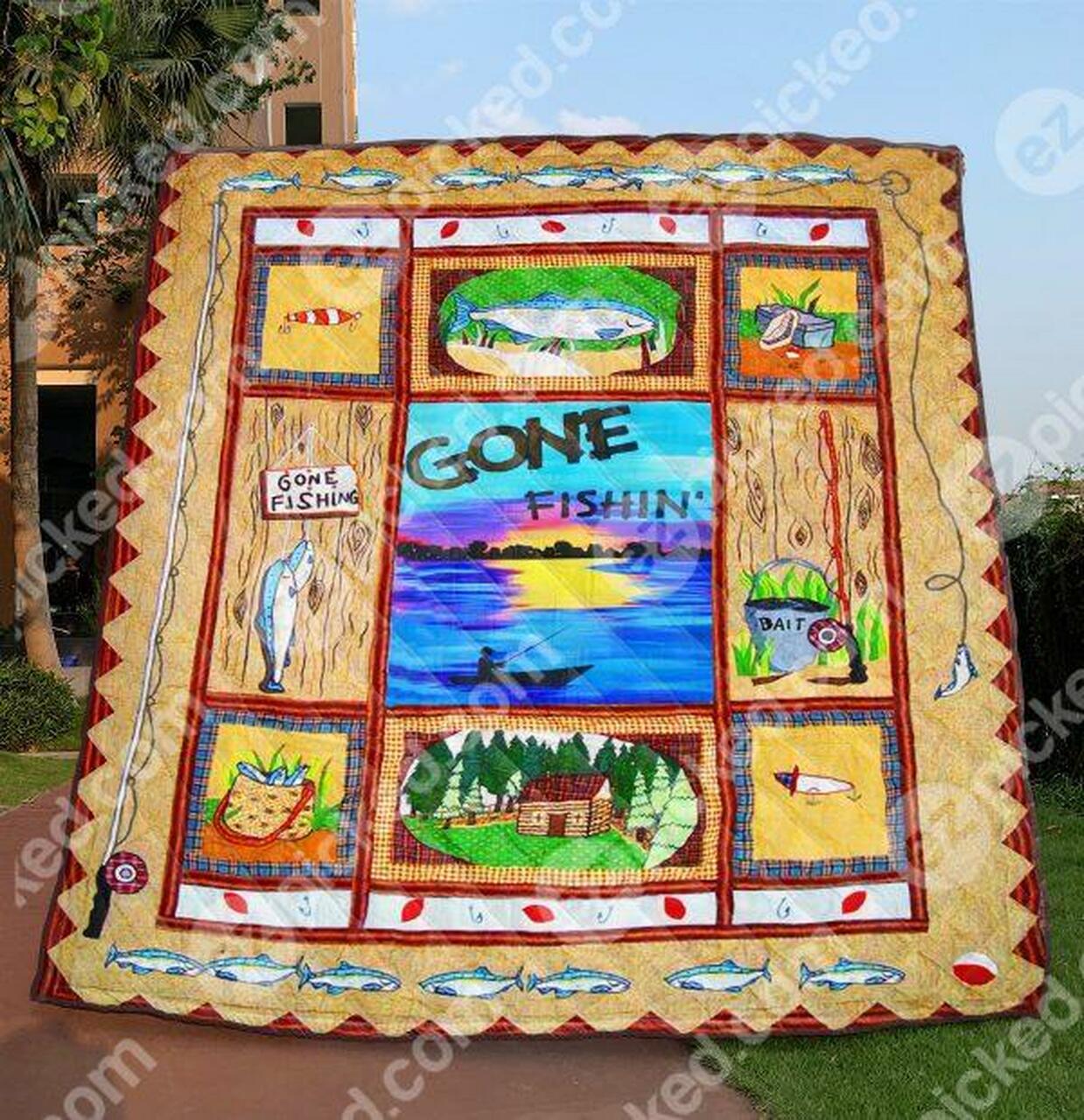 Personalized Just Gone Fishing Quilt Blanket Bedding Set for Home Decoration and Gifts for Family