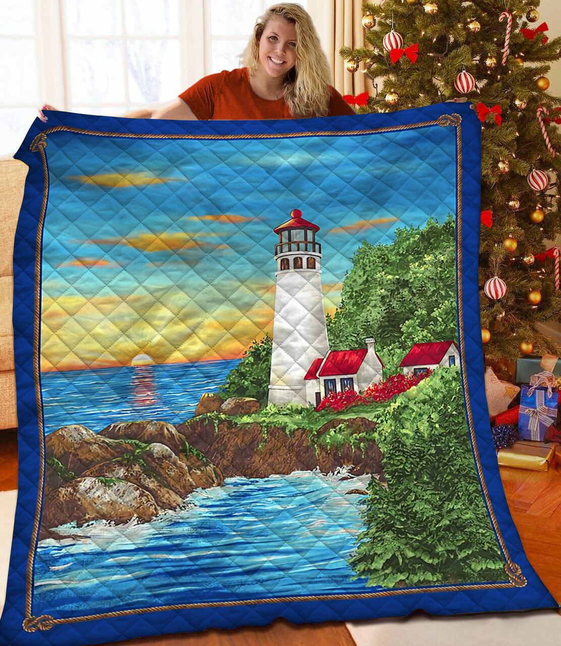 Personalized Lighthouse Quilt Blanket Perfect for Bedroom Decor and Family Gifts