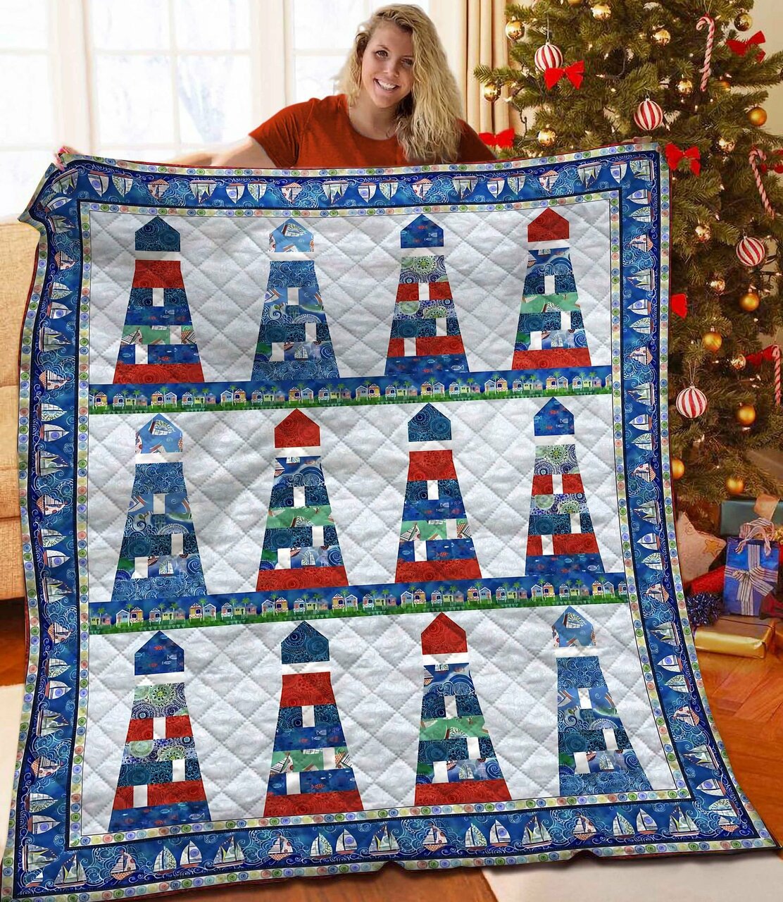Personalized Lighthouse Quilt Blanket - Perfect for Bedroom Decor and Family Gifts