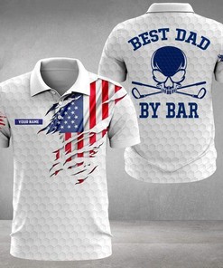 Personalized Name Best Dad By Bar Golf Dad American Flag White Polo Shirt