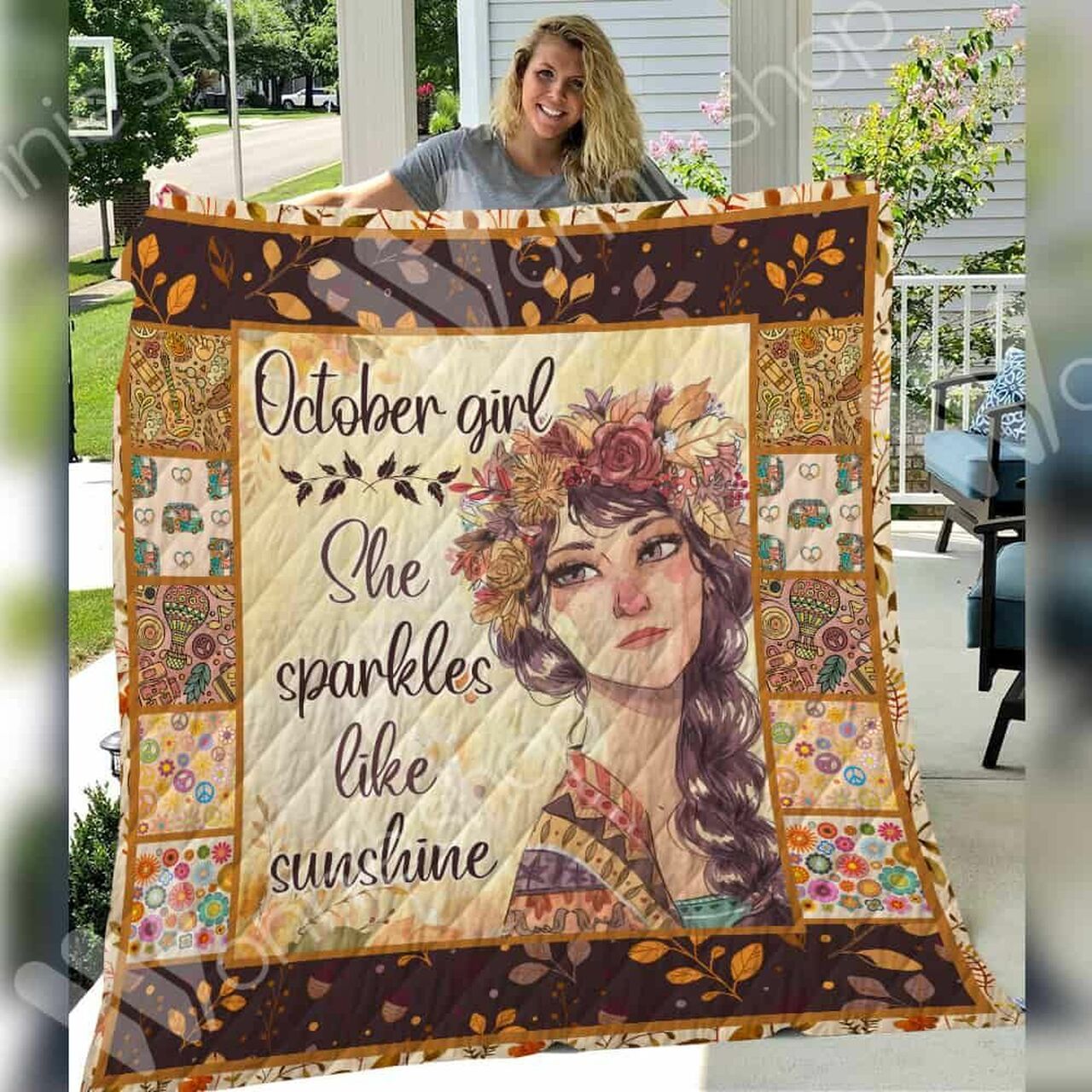 Personalized October Hippie Girl Quilted Bedding Set Blanket for Home Decoration and Family Gifts