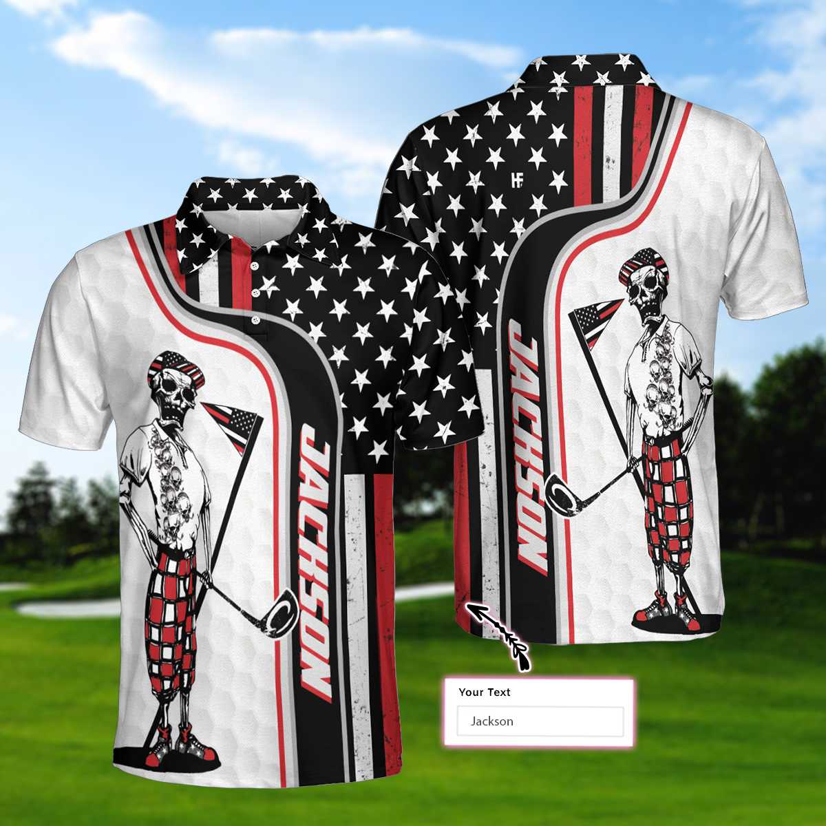Personalized Skull Golfer American Flag Polo Shirt
