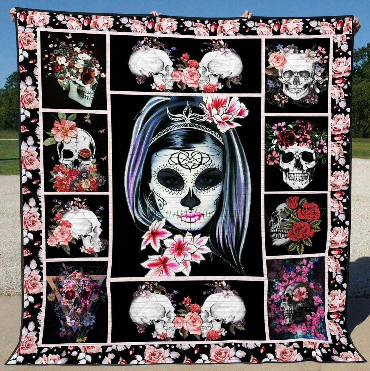 Personalized Skull Quilt Bed Set Blanket, Great for Bedroom Decor and Family Gifts