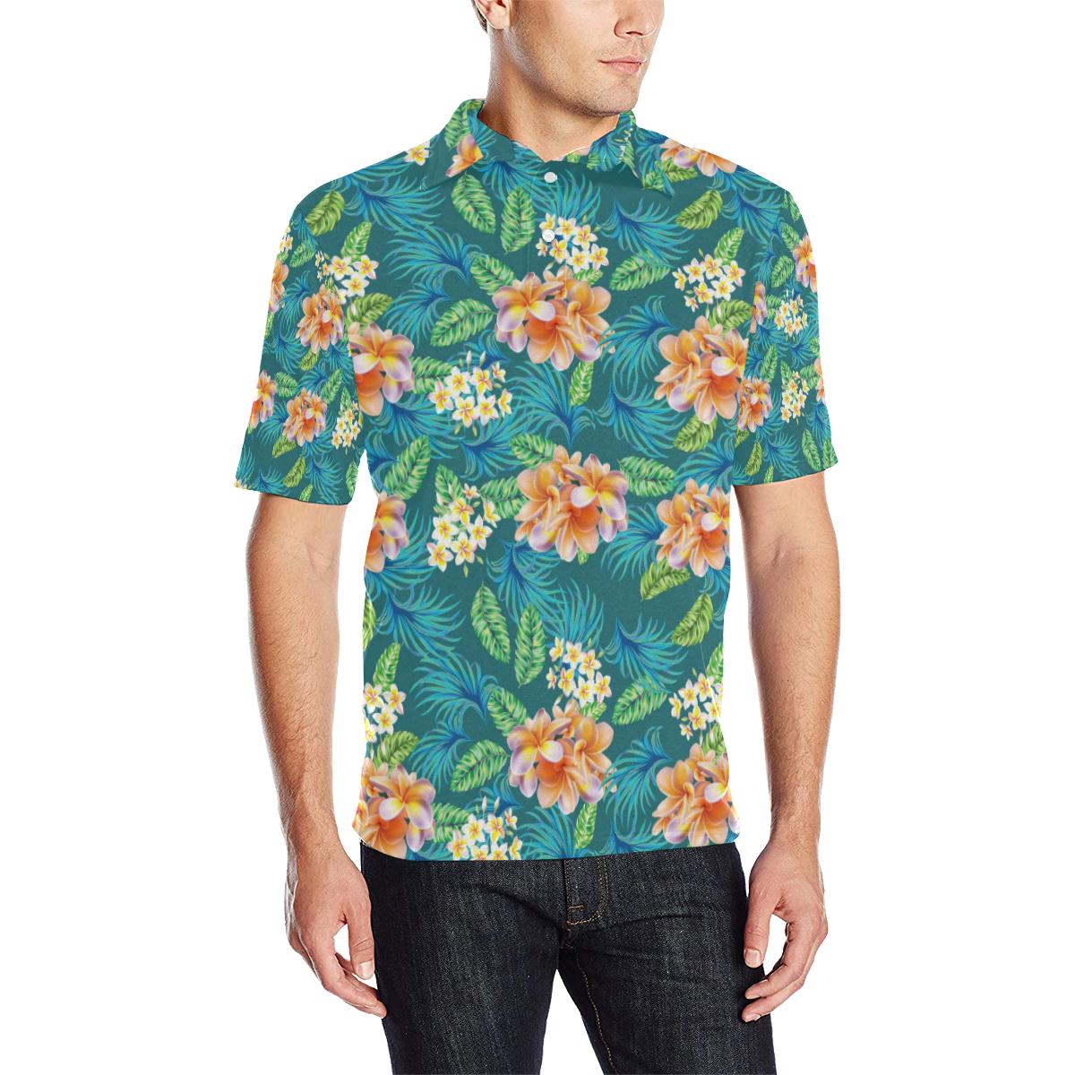 Plumeria Tropical Flower Design Print Men Polo Shirt