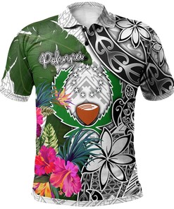 Pohnpei Polo Shirt White - Turtle Plumeria Banana Leaf