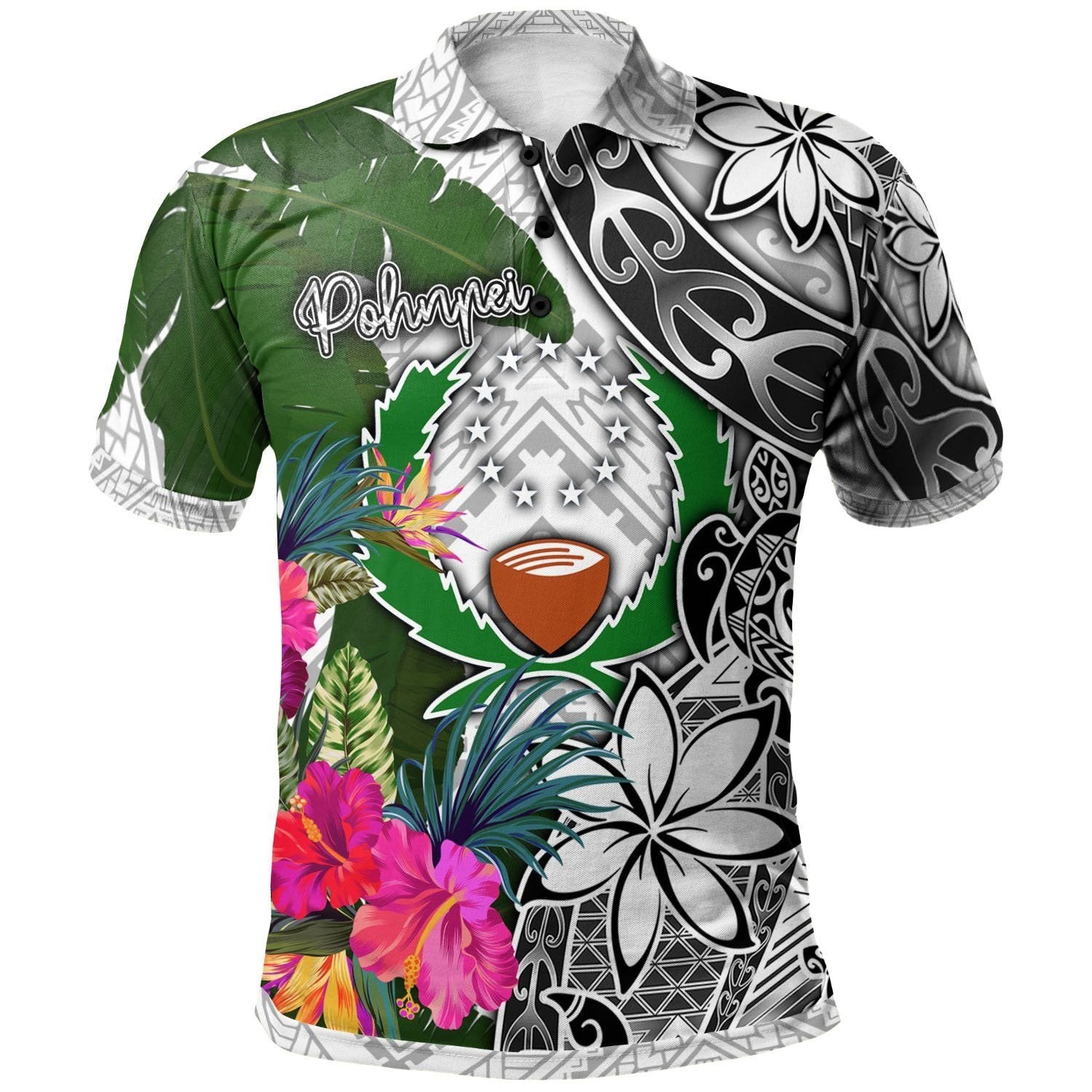 Pohnpei Polo Shirt White - Turtle Plumeria Banana Leaf