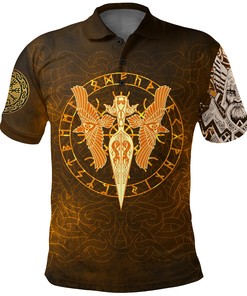 Polo Shirts Gold Spear Of The God Odin - Gungnir And Two Gold Ravens Viking Polo Shirt