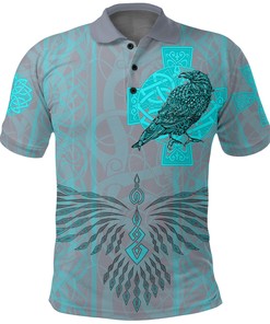 Polo Shirts Odin's Celtic Raven - Scandinavian Tattoo Style Cyan