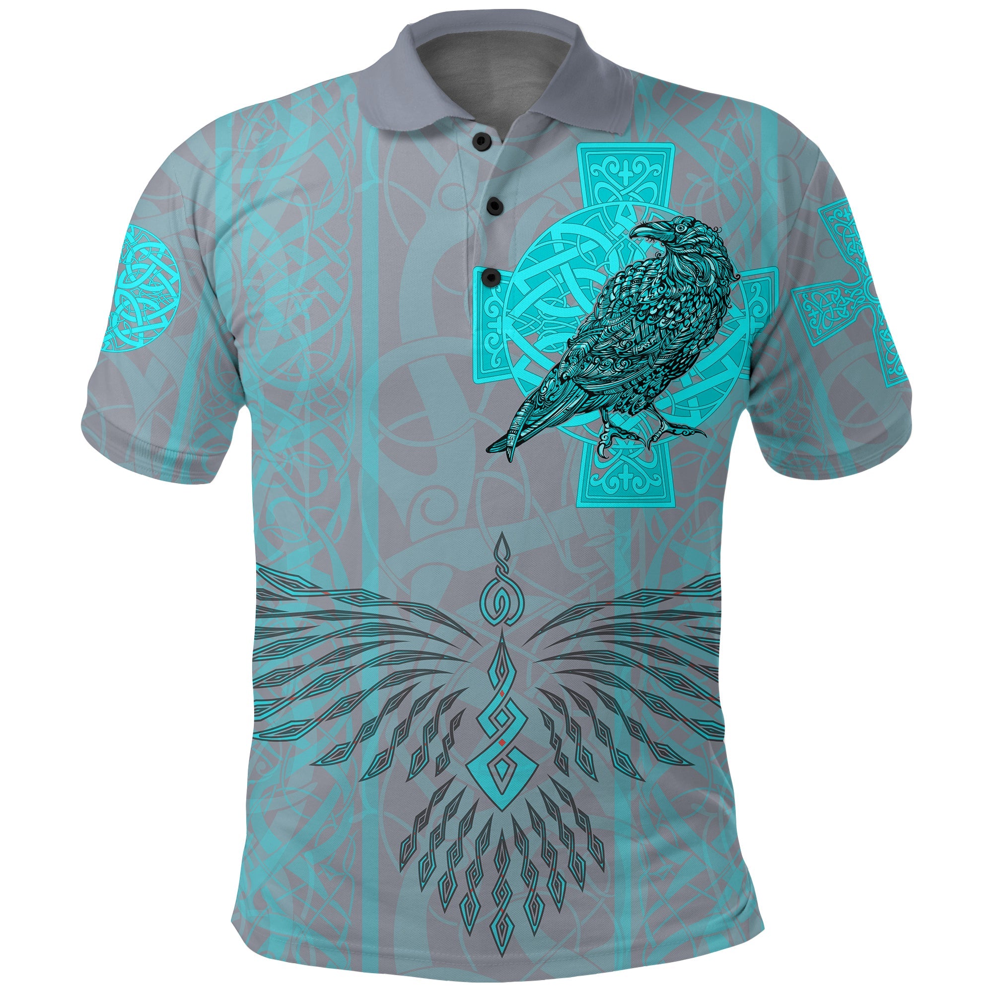 Polo Shirts Odin's Celtic Raven - Scandinavian Tattoo Style Cyan