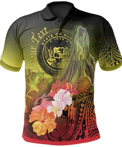 Polynesian Hawaii Custom Personalised Polo Shirts - Humpback Whale with Tropical Flowers (Yellow)