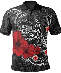 Polynesian Hawaii Polo Shirt - Humpback Whale with Hibiscus (White)