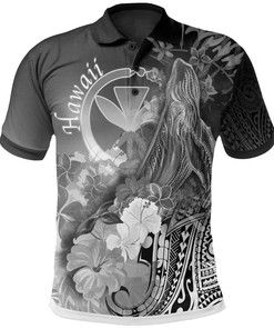 Polynesian Hawaii Polo Shirts - Kanaka Maoli Humpback Whale with Tropical Flowers (White)