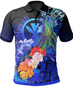 Polynesian Hawaii Polo Shrits - Kanaka Maoli Humpback Whale with Tropical Flowers (Blue)