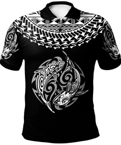 Polynesian Polo Shirt - Polynesian Shark Tattoo White Black Color