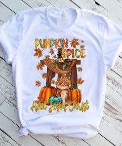 Pumpkin Spice and Jesus Christ T-Shirt - Leopard Cross Christian Design