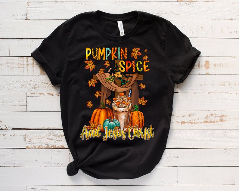 Pumpkin Spice and Jesus Christ T-Shirt - Leopard Cross Christian Design - Image 2