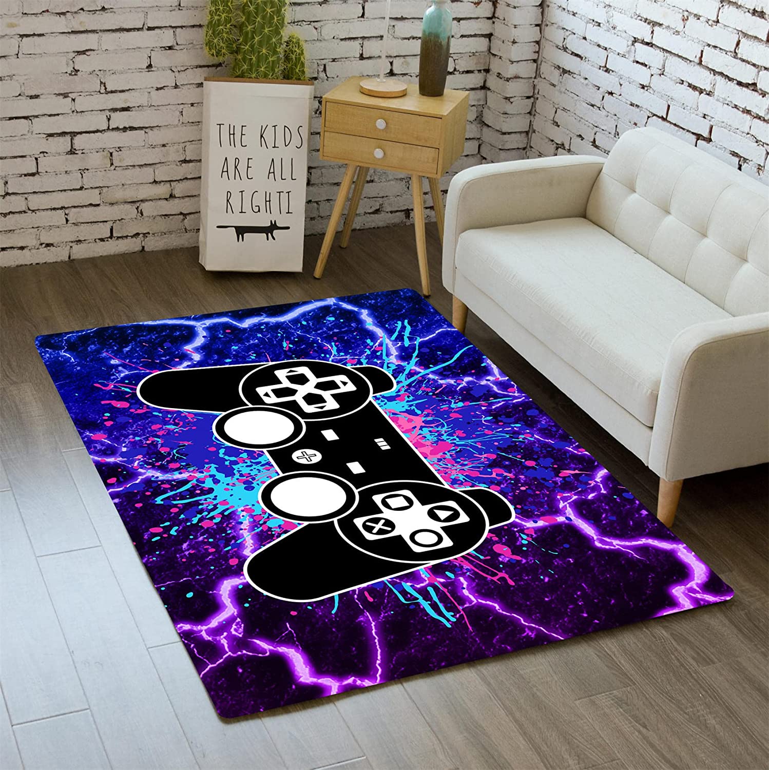 Purple Thunder Gamepad Pattern Area Rug - Video Games Carpets for Boys Living Room, Bedroom and Gaming Room Decor