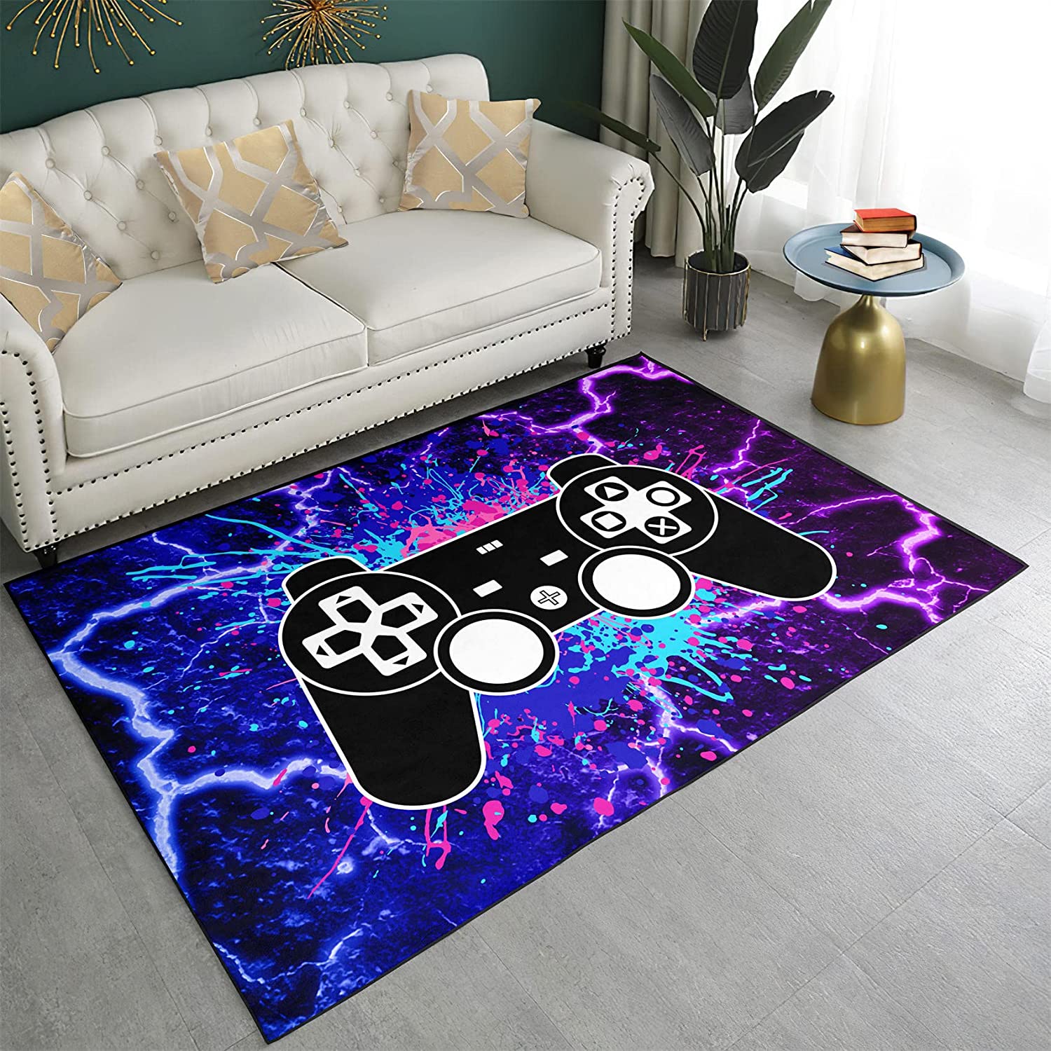 Purple Thunder Gamepad Pattern Area Rug - Video Games Carpets for Boys Living Room, Bedroom and Gaming Room Decor - Image 2