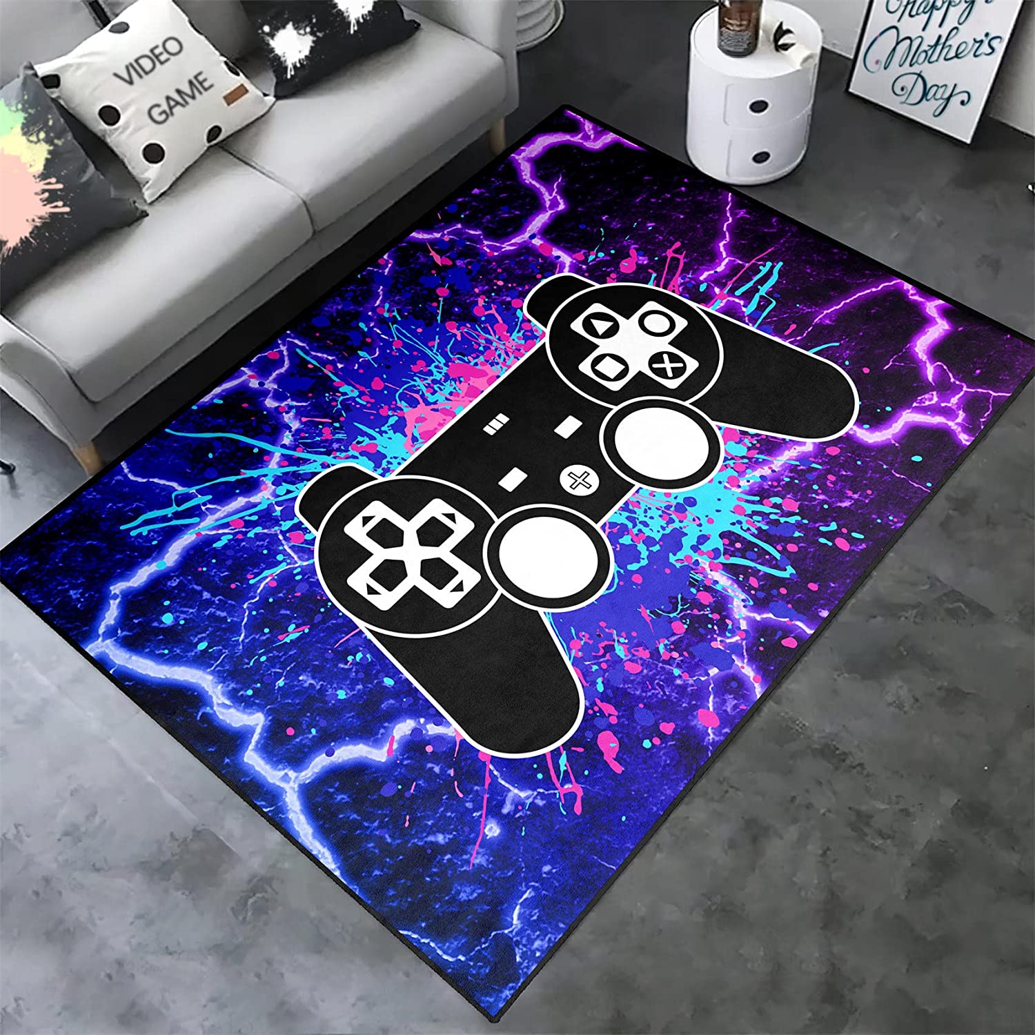 Purple Thunder Gamepad Pattern Area Rug - Video Games Carpets for Boys Living Room, Bedroom and Gaming Room Decor - Image 3