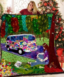 Quilt Bedding Set Blanket with Hippie Bus Pattern - Suitable for Home Decoration