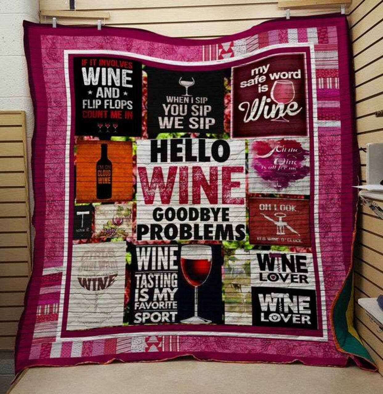 Quilt Blanket Bedding Set with Hello Wine Quote - Suitable for Bedroom Decor