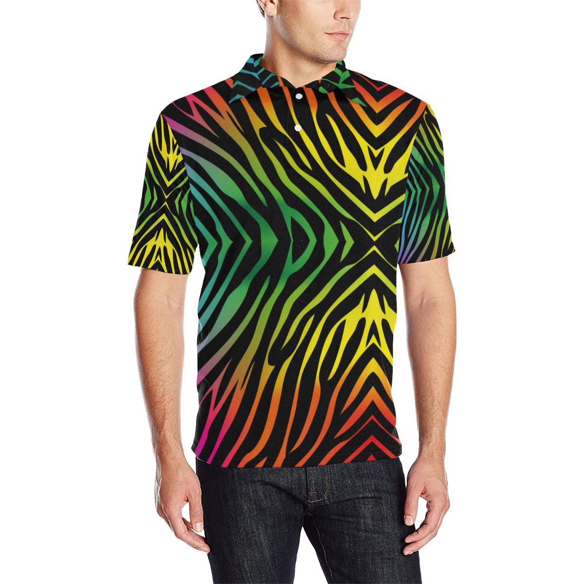 Rainbow Zebra Themed Print Men Polo Shirt