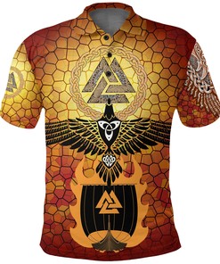 Raven Of Odin And Drakkar On Fire On Vignette Gold Valknut Viking Polo Shirt