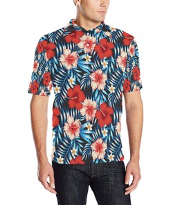 Red Hibiscus Blue Scene Men Polo Shirt