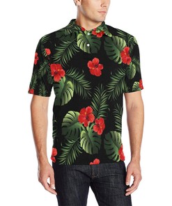 Red Hibiscus Tropical Men Polo Shirt