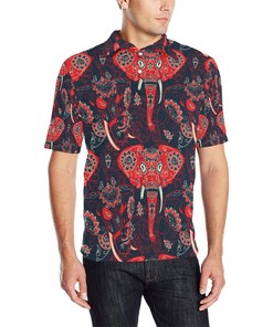 Red Indian Elephant Pattern Men Polo Shirt