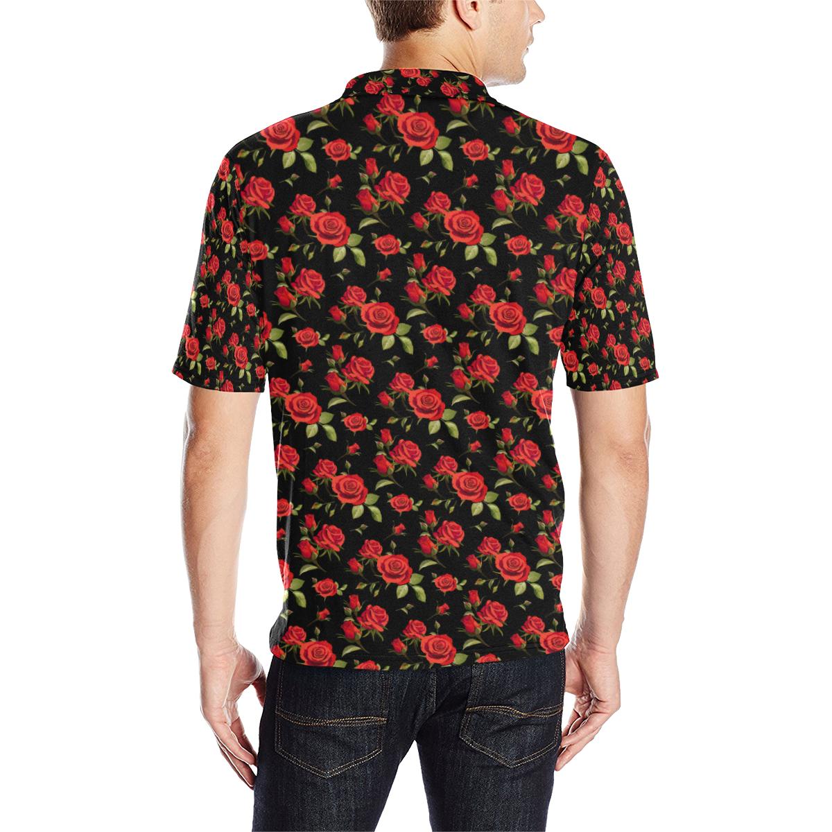 Red Rose Themed Print Men Polo Shirt