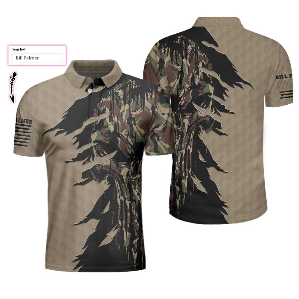Ripped Vintage Golfing Clubs Skull Camouflaged Custom Name Polo Shirt
