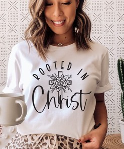 Rooted In Christ Inspirational Christian T-Shirt with Bible Verse and Scripture Design