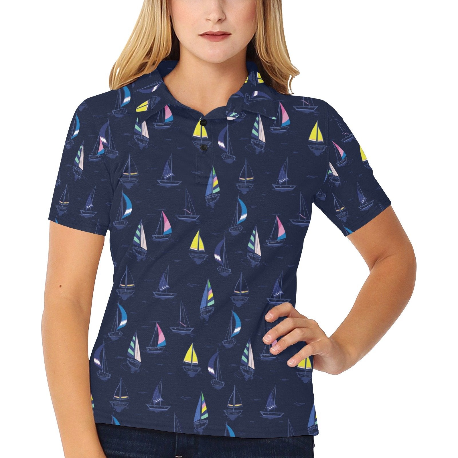 Sailboat Print Design Women's Polo Shirt 3D Polo Shirt A1 - Image 2