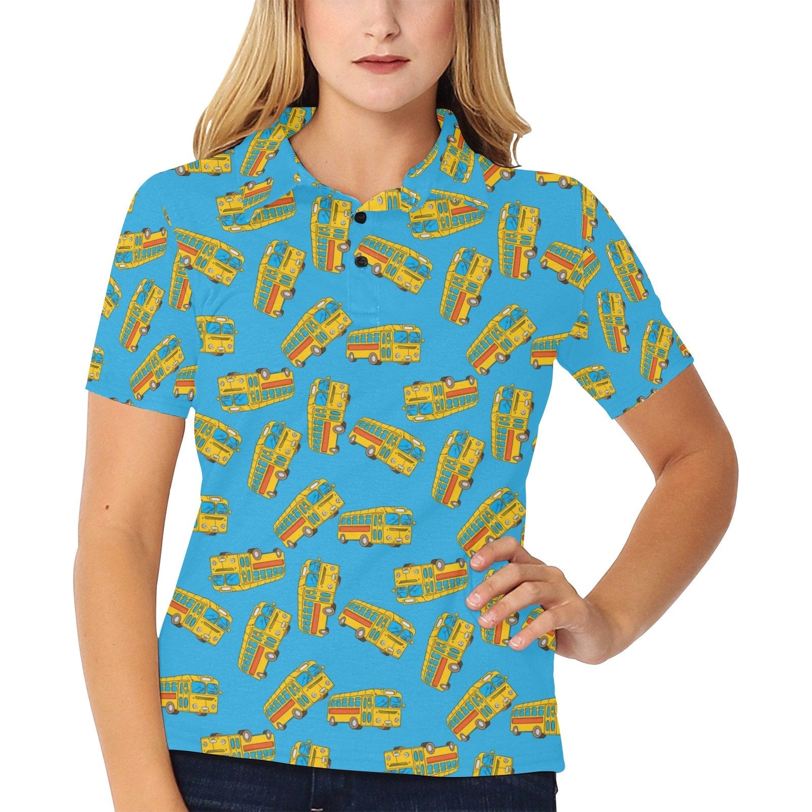 School Bus Print Design Women's Polo Shirt 3D Polo Shirt A1 - Image 2