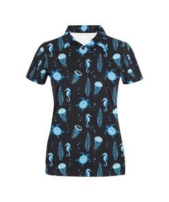 Sea Turtle Jelly Fish Sea Horse Print Design Women's Polo Shirt
