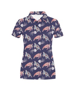 Sea Turtle With Jelly Fish Print Design Women's Polo Shirt