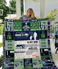 Seattle Seahawks Dad To Son Personalized Quilt Bedding Set Blanket for Home Decoration and Family Gifts, Gifts for Fans