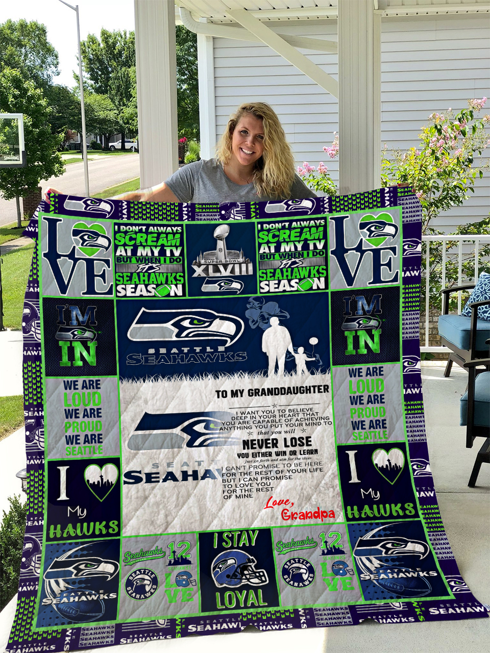 Seattle Seahawks To My Granddaughter Love Grandpa Quilt Bedding Set Bedroom Decor, Gifts for Family