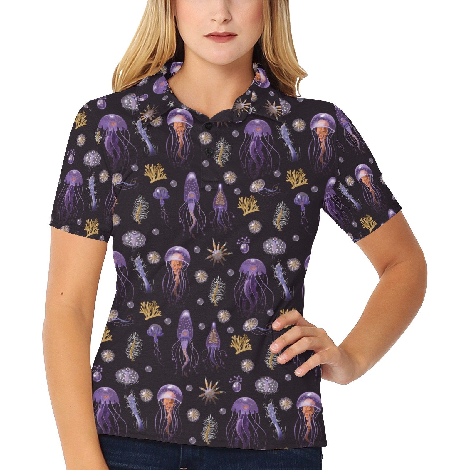 Seaweed With Jelly Fish Print Design Women's Polo Shirt - Image 2