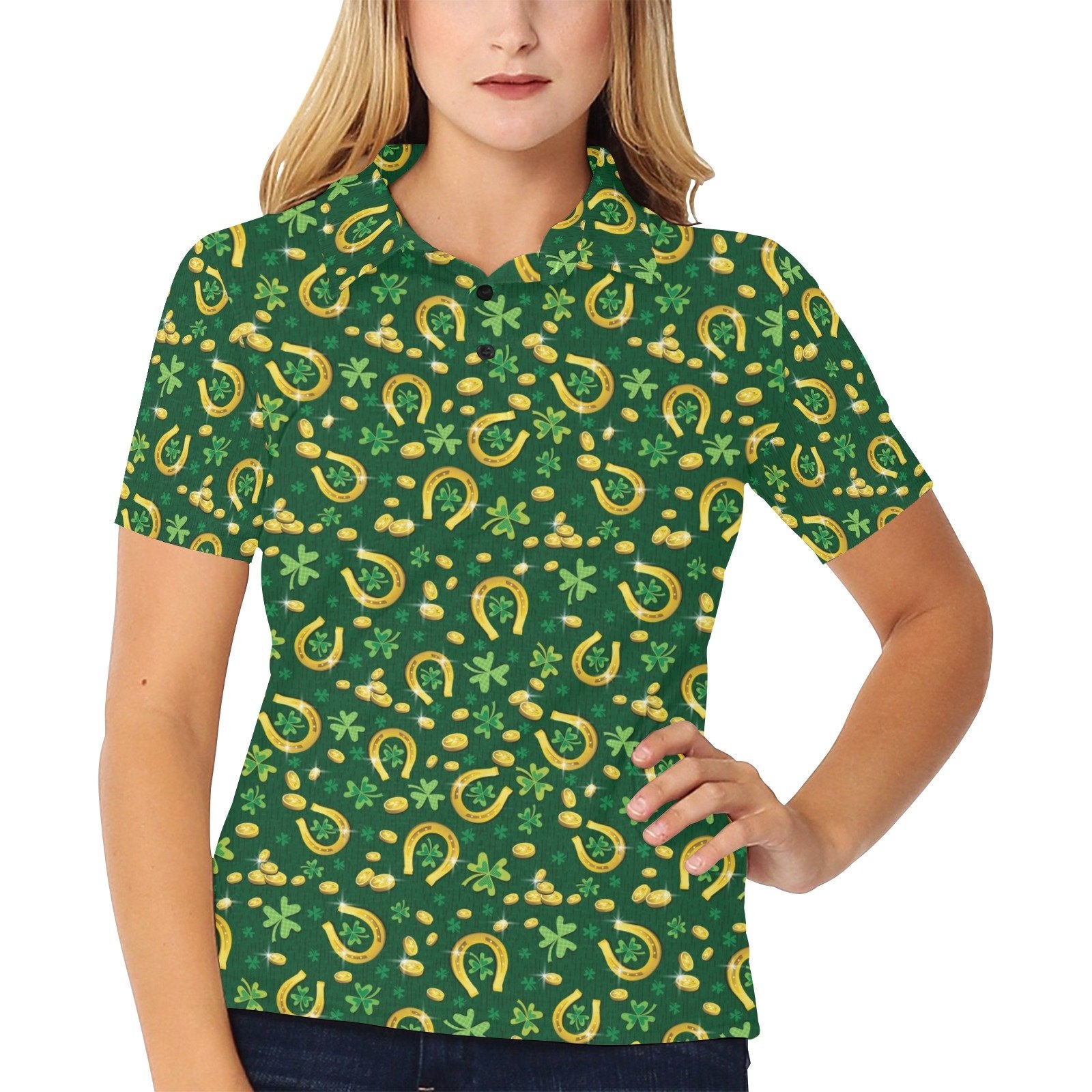 Shamrock Horse Shoes Saint Patrick's Day Print Design Women's Polo Shirt - Image 2
