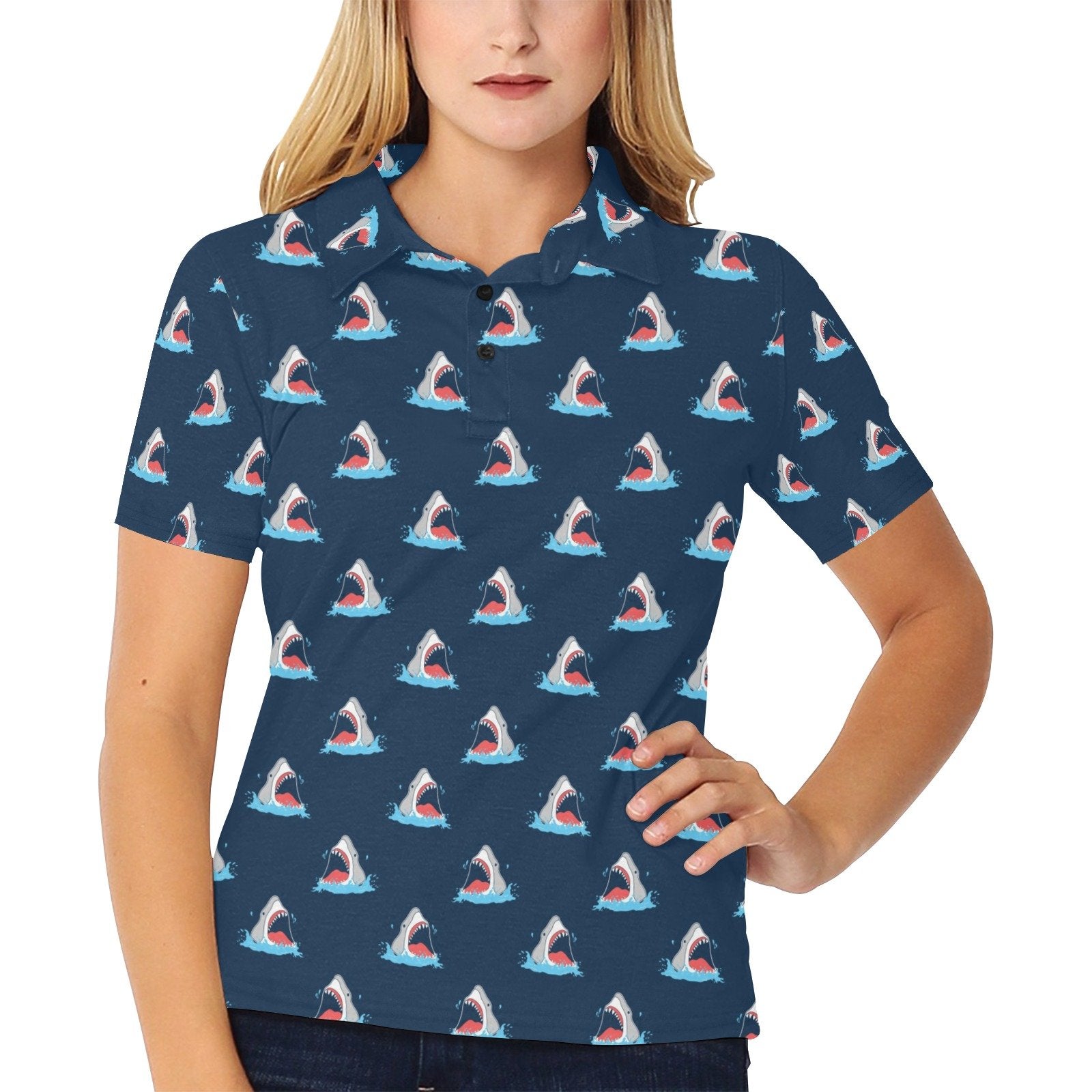Shark Print Design Women's Polo Shirt 3D Polo Shirt A1 - Image 2