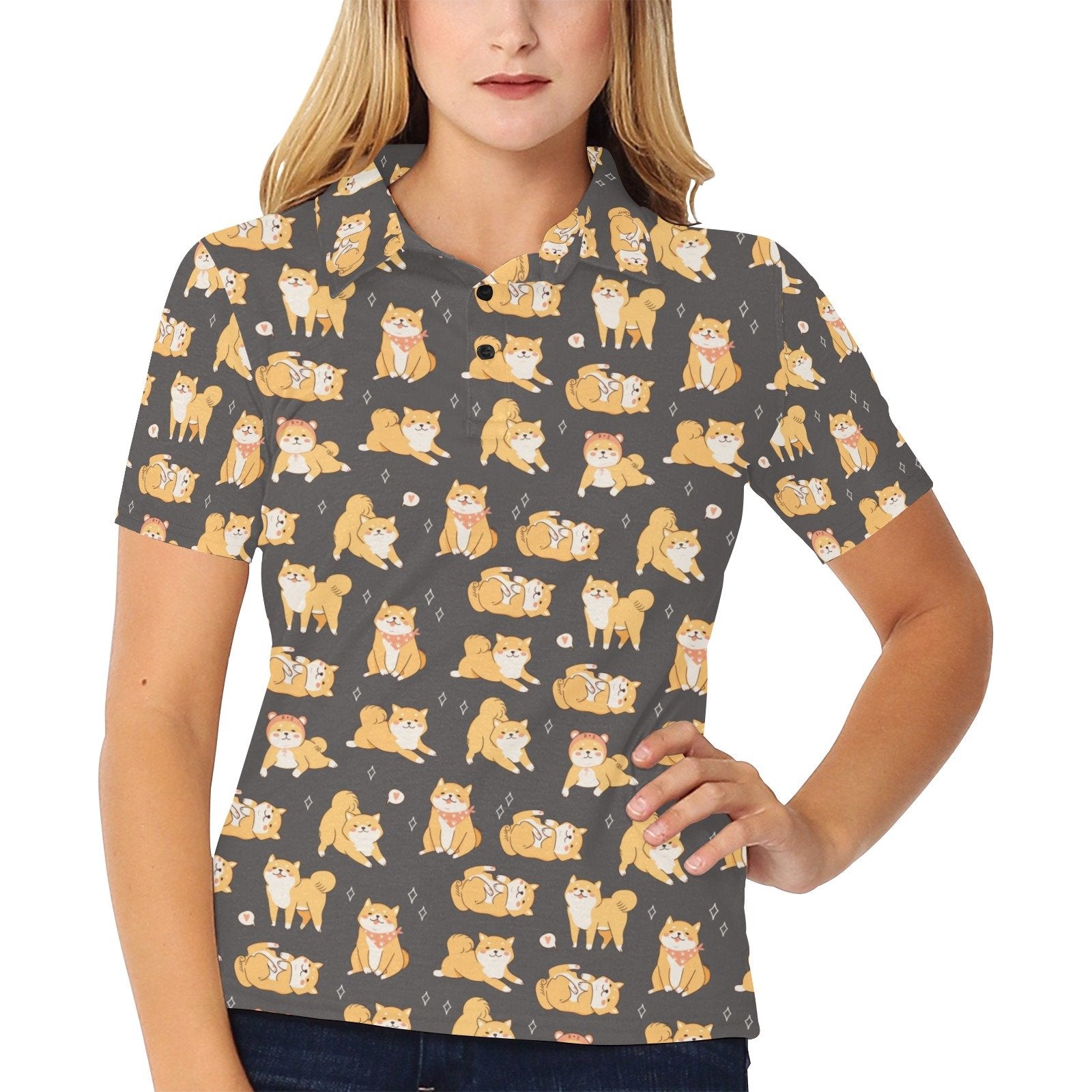 Shiba Inu Print Design Women's Polo Shirt 3D Polo Shirt A12 - Image 2