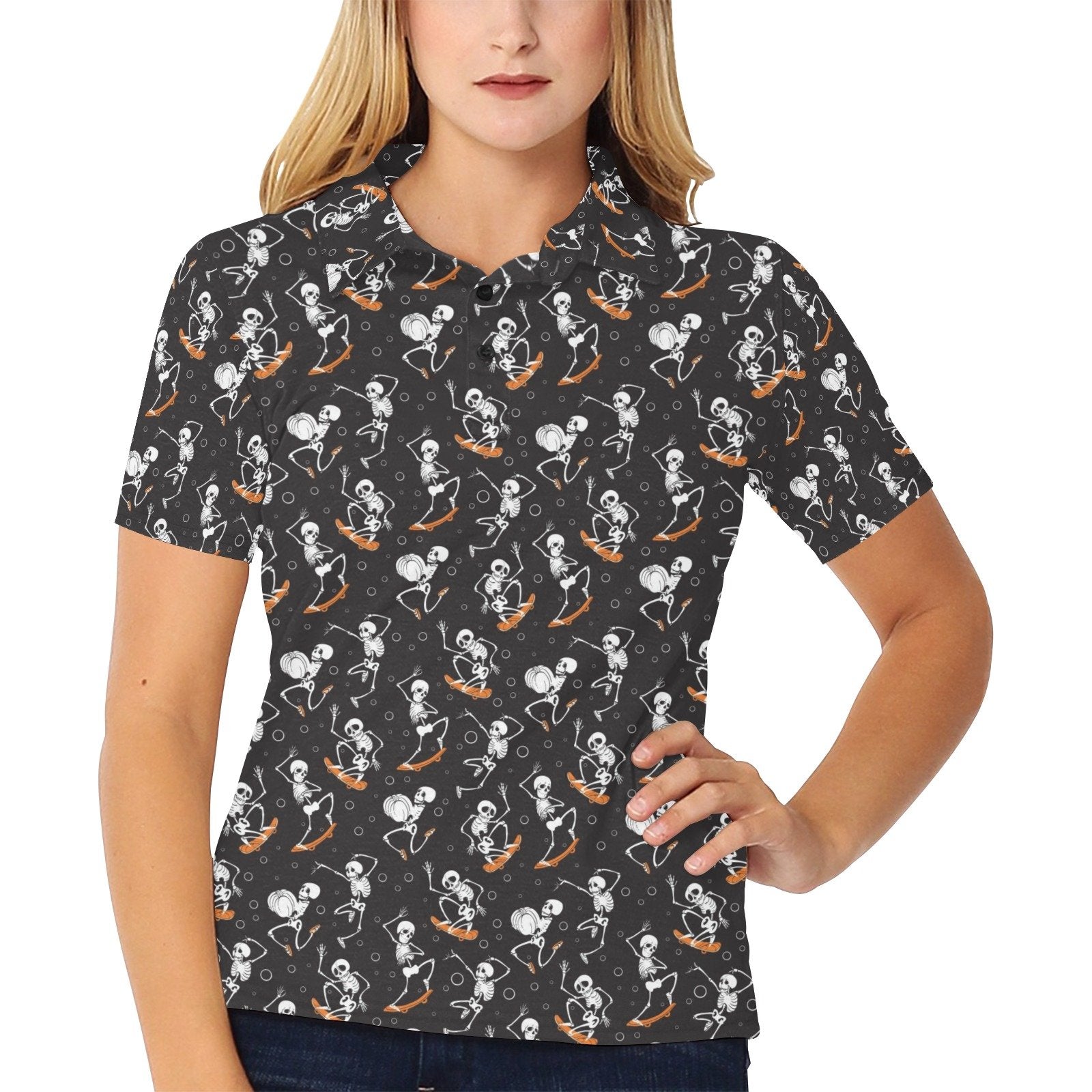 Skateboard With Skeleton Print Design Women's Polo Shirt Bluefink
