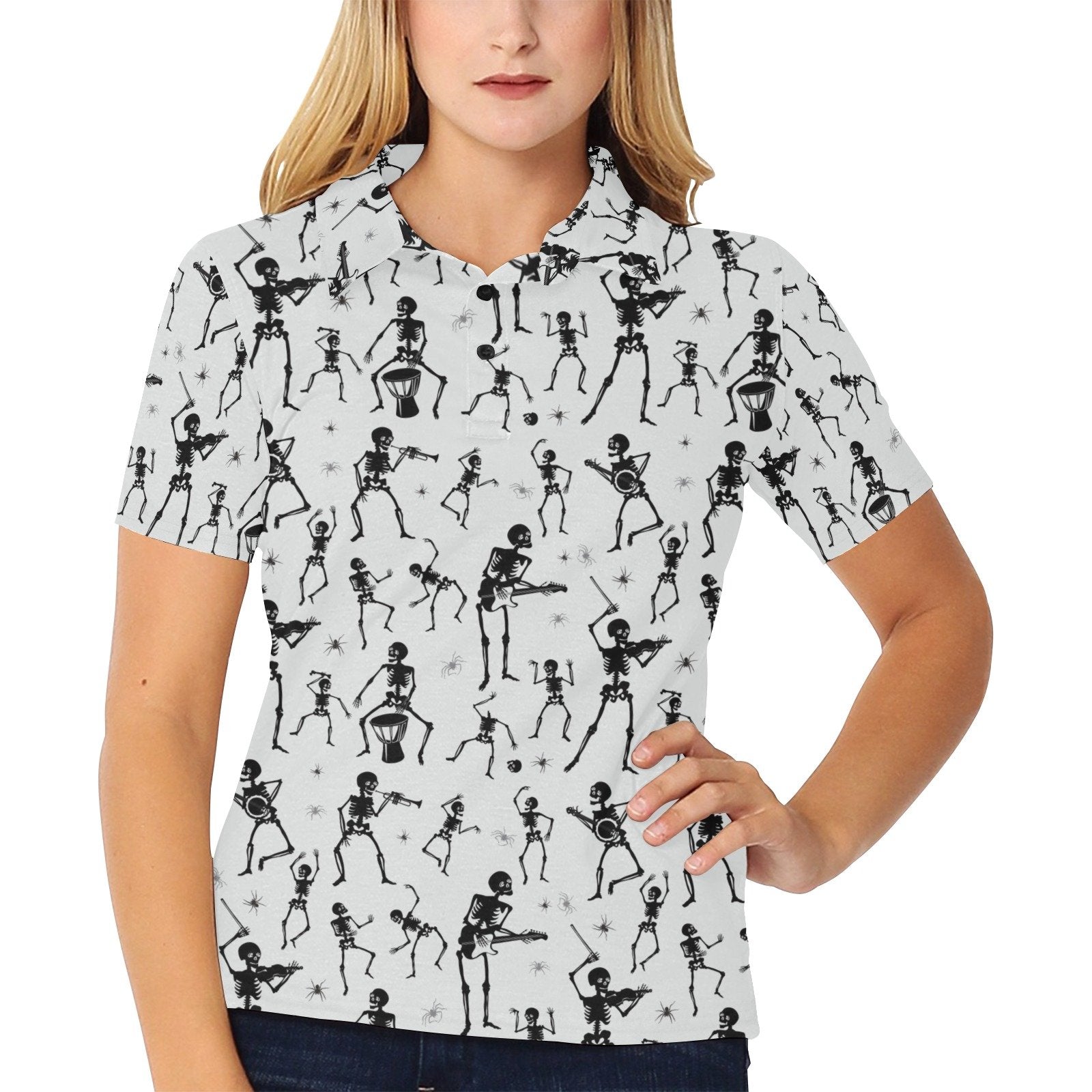 Skeleton Music Player Print Design Women's Polo Shirt - Image 2