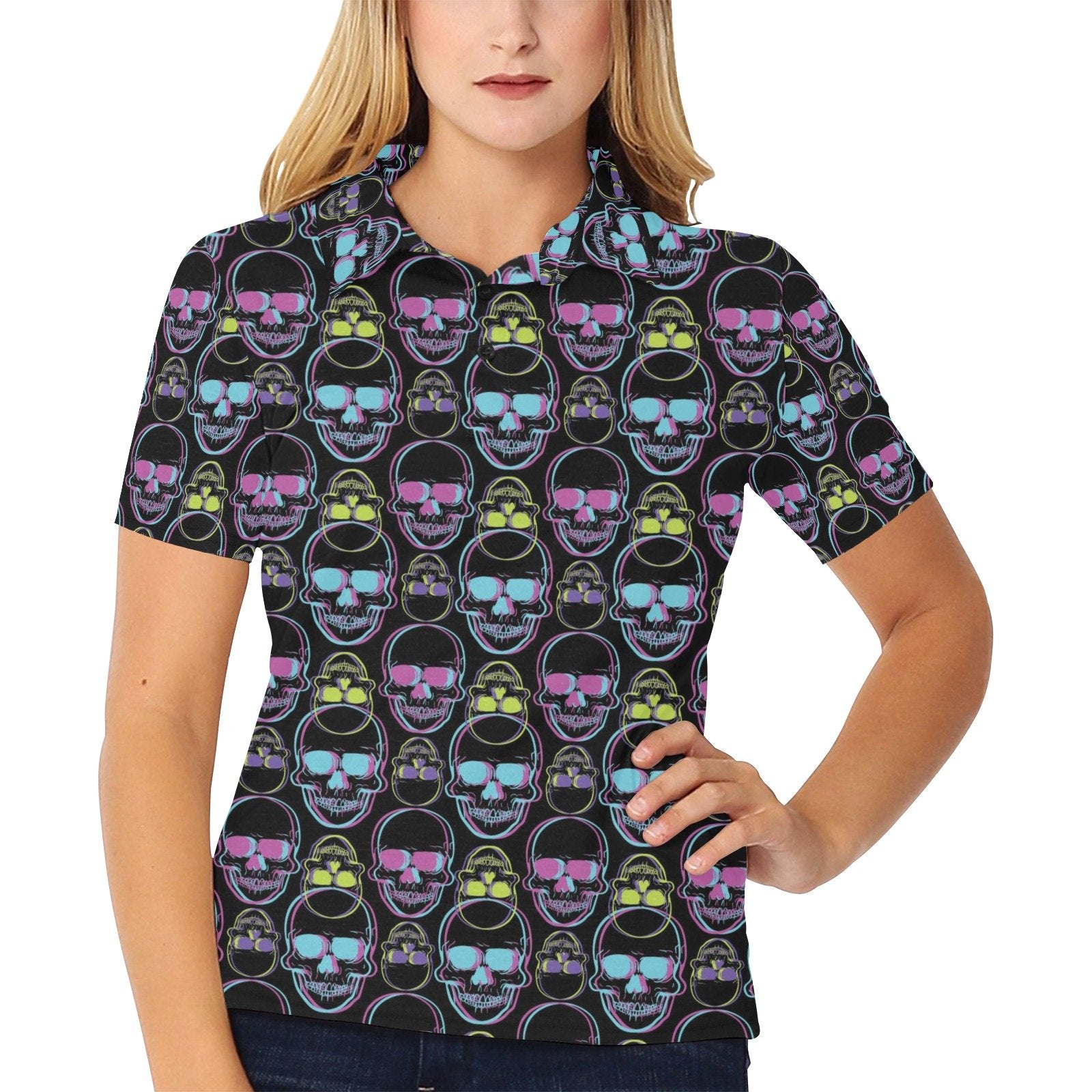 Skull 3D Colorful Print Design Women's Polo Shirt - Image 2