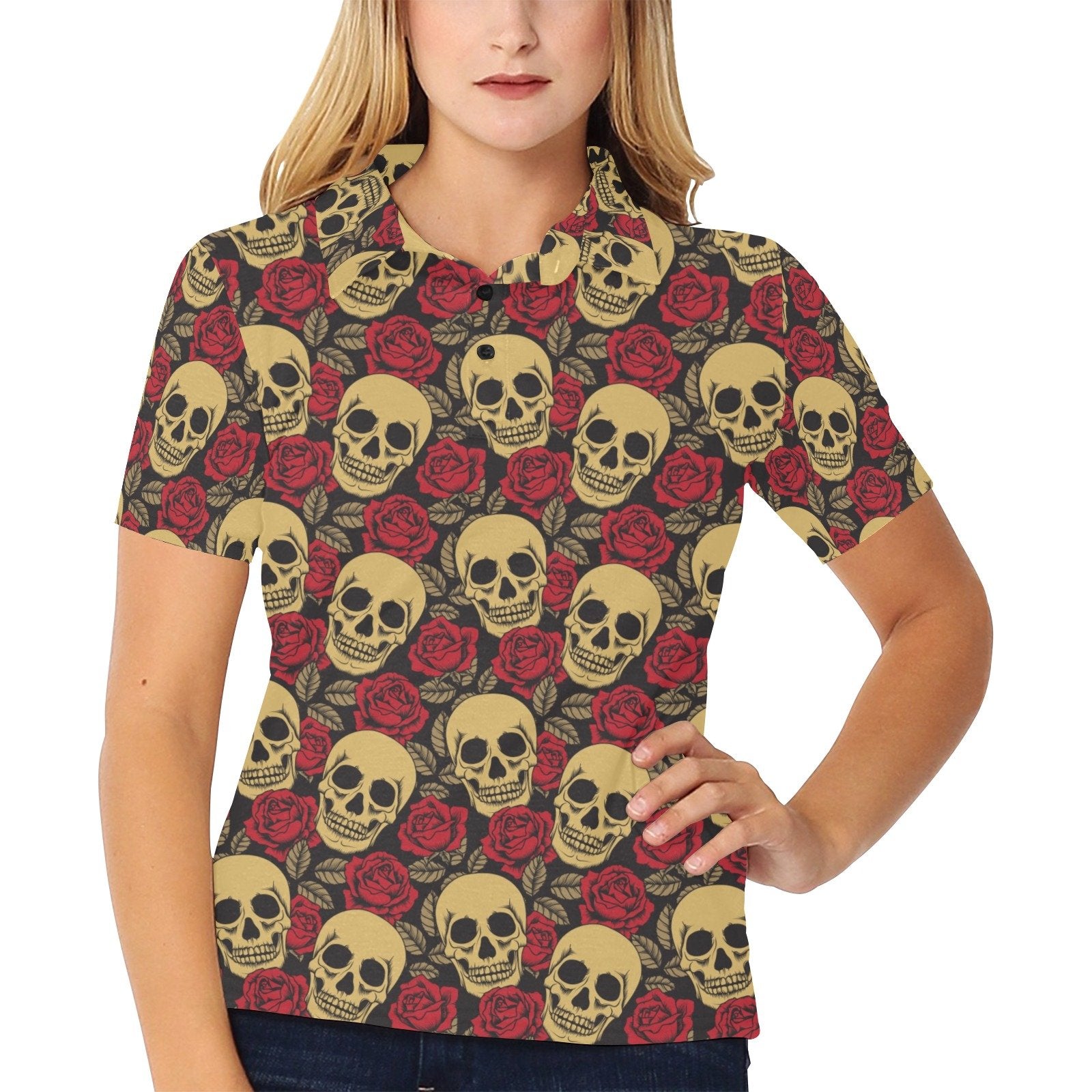 Skull And Roses Print Design Women's Polo Shirt - Image 2